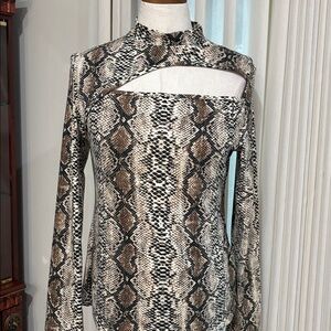 SHEIN Snake-Print Long Sleeve stretch Top Chest Cutout mock neck neutral browns